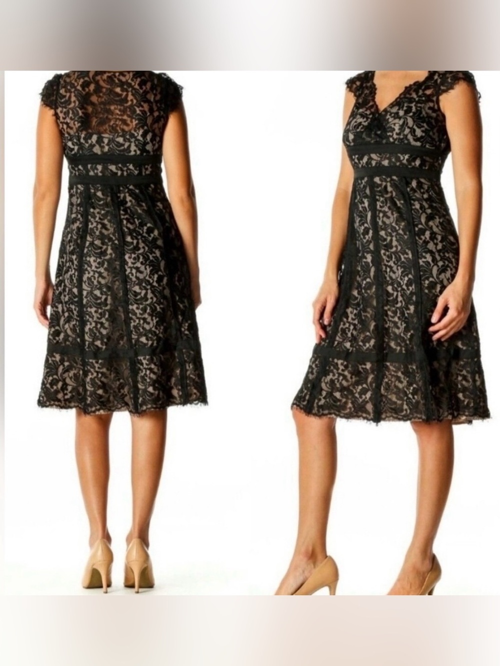 LOFT Black Lace Midi Dress with Nude Lining - Picture 2 of 13